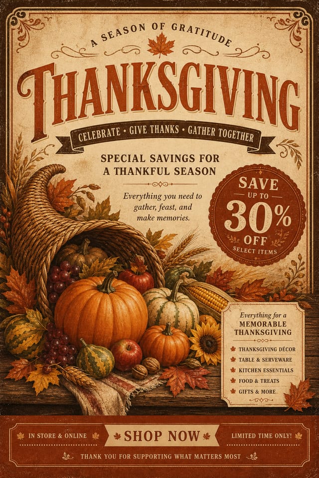 Thanksgiving Display Ads — vintage style display ads, featuring autumn harvest, pumpkins, fall leaves, warm browns and oranges, cornucopia