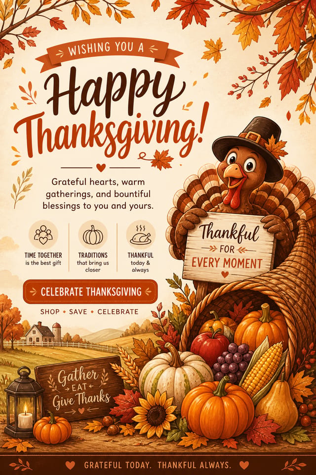 Thanksgiving Display Ads — illustration style display ads, featuring autumn harvest, pumpkins, fall leaves, warm browns and oranges, cornucopia