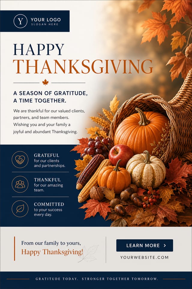 Thanksgiving Display Ads — corporate style display ads, featuring autumn harvest, pumpkins, fall leaves, warm browns and oranges, cornucopia