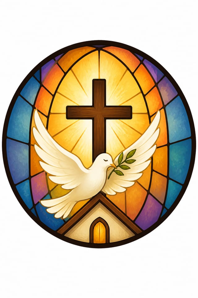 Church Favicon — illustration style favicon design, featuring cross, stained glass, dove, warm divine palette