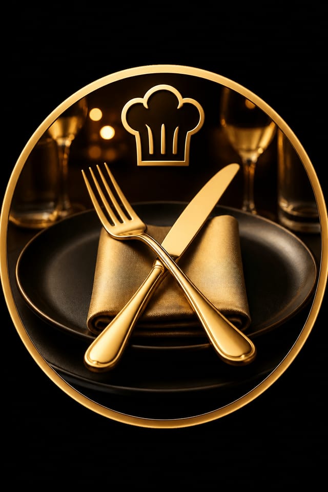 Restaurant Favicon — photo-realistic style favicon design, featuring culinary imagery, fine dining, elegant typography, warm gold tones