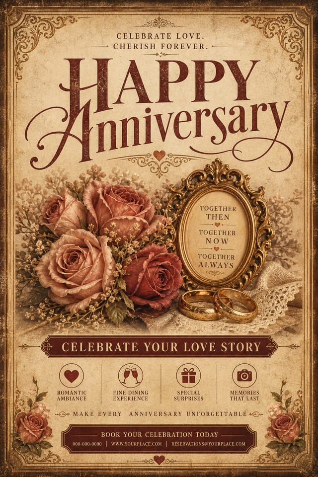 Anniversary Flyer — vintage style flyer, featuring romantic florals, gold accents, elegant typography, soft warm lighting