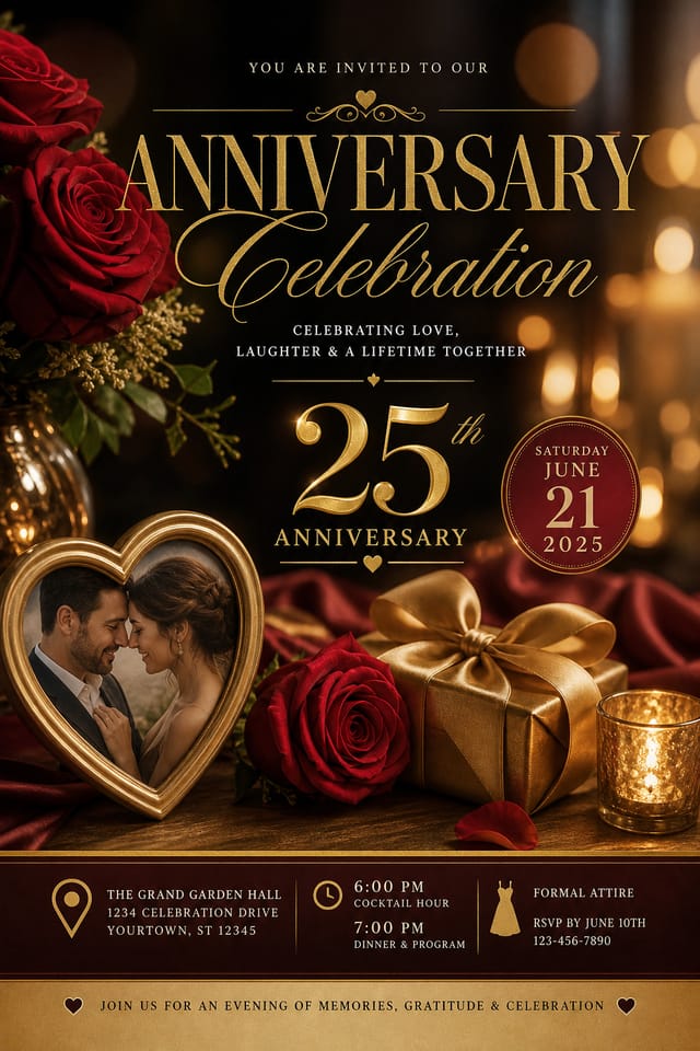 Anniversary Flyer — photo-realistic style flyer, featuring romantic florals, gold accents, elegant typography, soft warm lighting