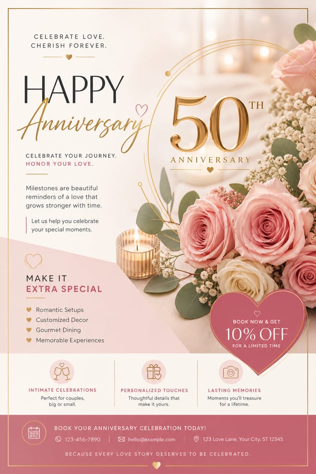 Anniversary Flyer — modern style flyer, featuring romantic florals, gold accents, elegant typography, soft warm lighting