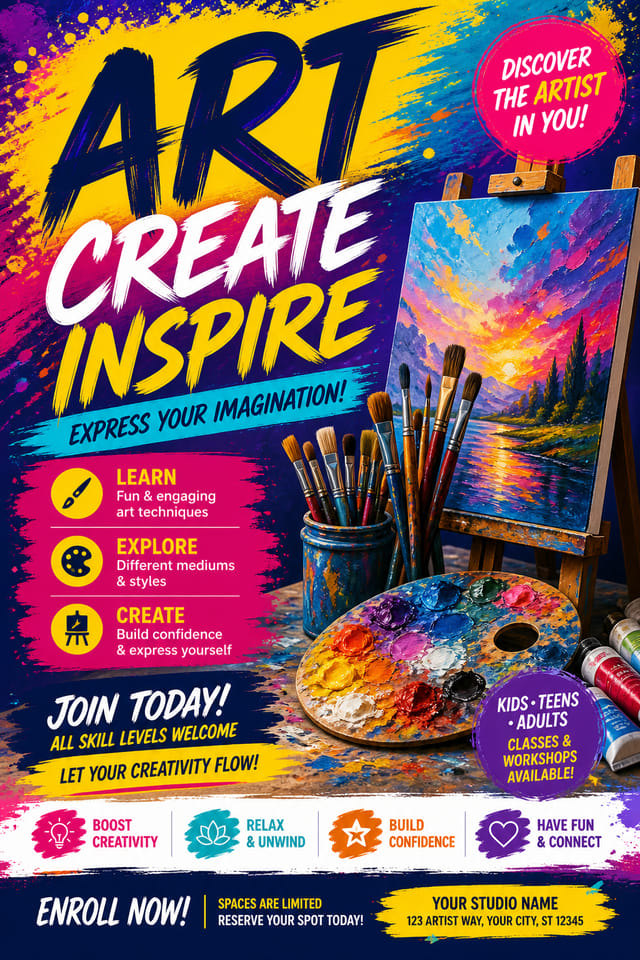 Art Flyer — vibrant style flyer, featuring paintbrushes, palette, canvas, creative imagery
