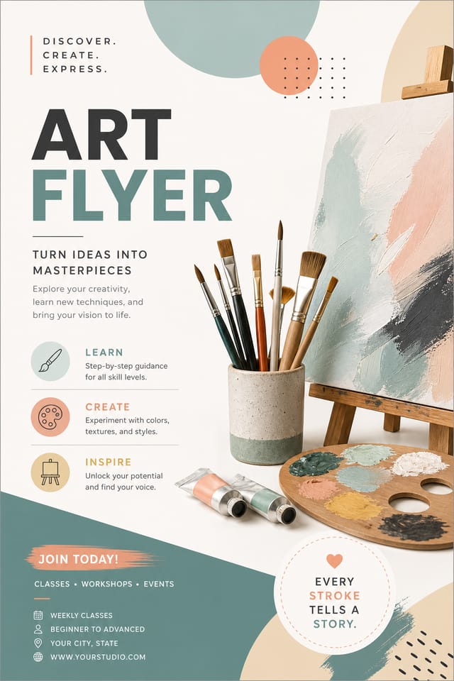 Art Flyer — modern style flyer, featuring paintbrushes, palette, canvas, creative imagery
