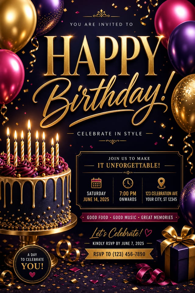 منشور عيد ميلاد — elegant style flyer, featuring balloons, birthday cake, candles, confetti, festive bright colors
