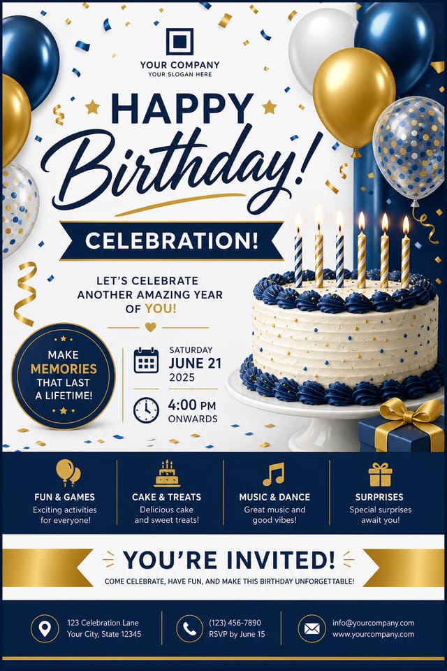 منشور عيد ميلاد — corporate style flyer, featuring balloons, birthday cake, candles, confetti, festive bright colors