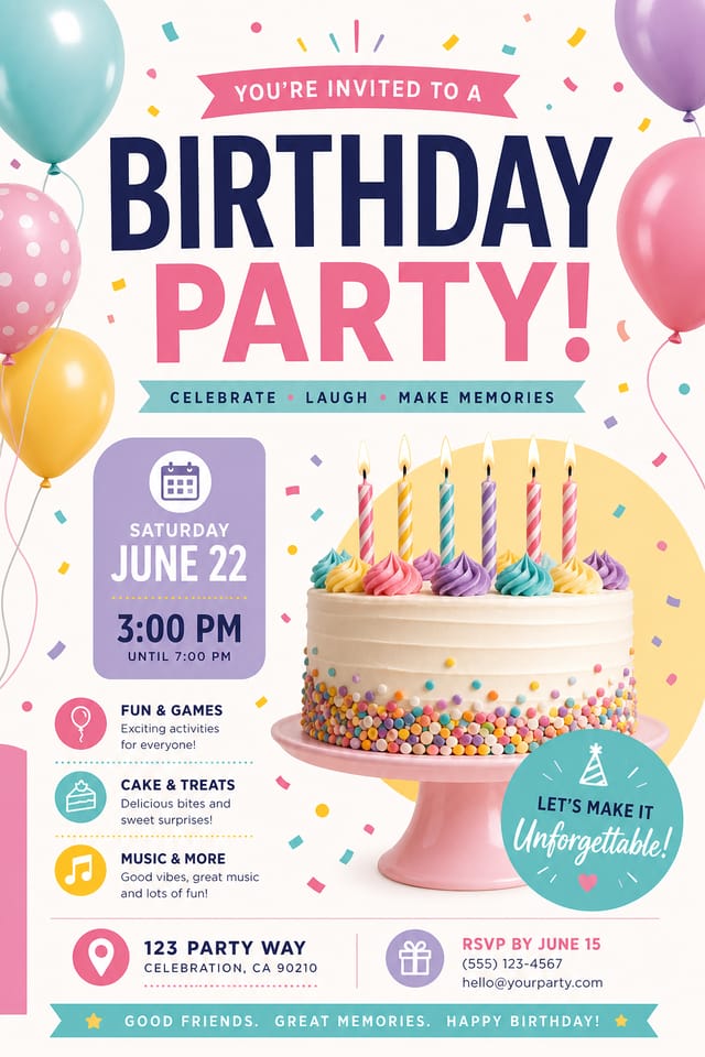 منشور عيد ميلاد — modern style flyer, featuring balloons, birthday cake, candles, confetti, festive bright colors