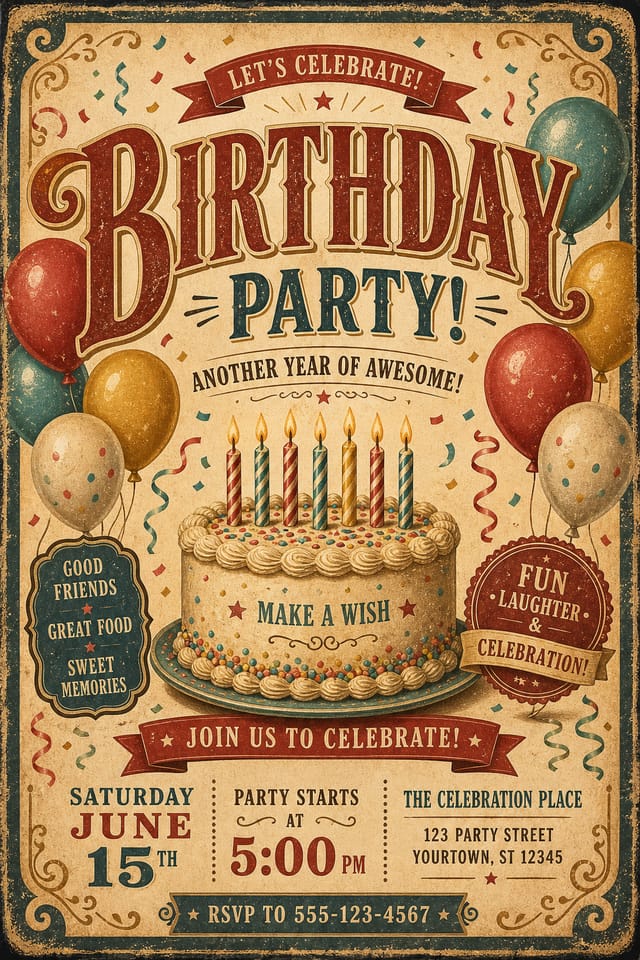 منشور عيد ميلاد — vintage style flyer, featuring balloons, birthday cake, candles, confetti, festive bright colors