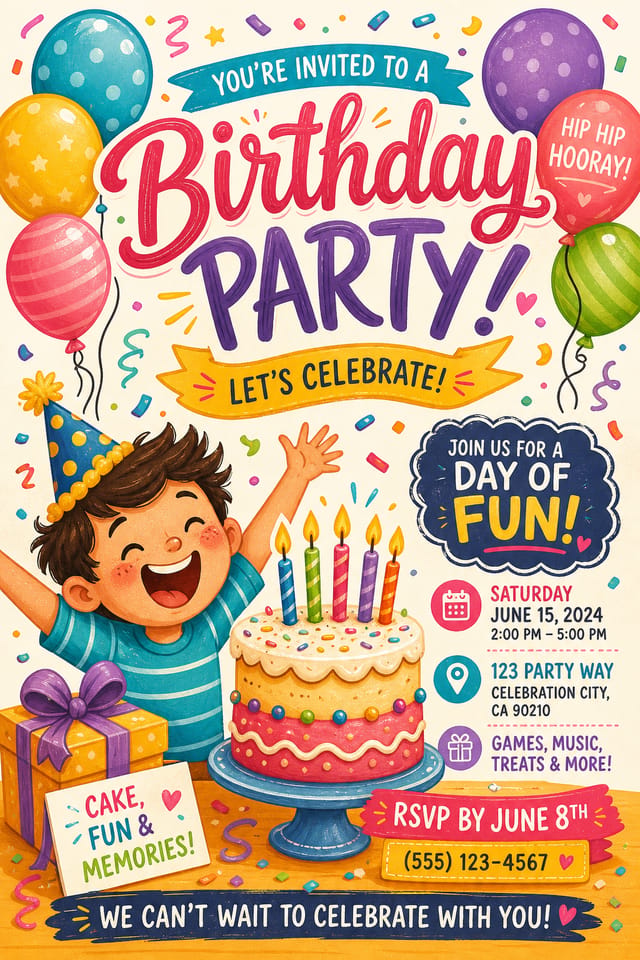 منشور عيد ميلاد — illustration style flyer, featuring balloons, birthday cake, candles, confetti, festive bright colors