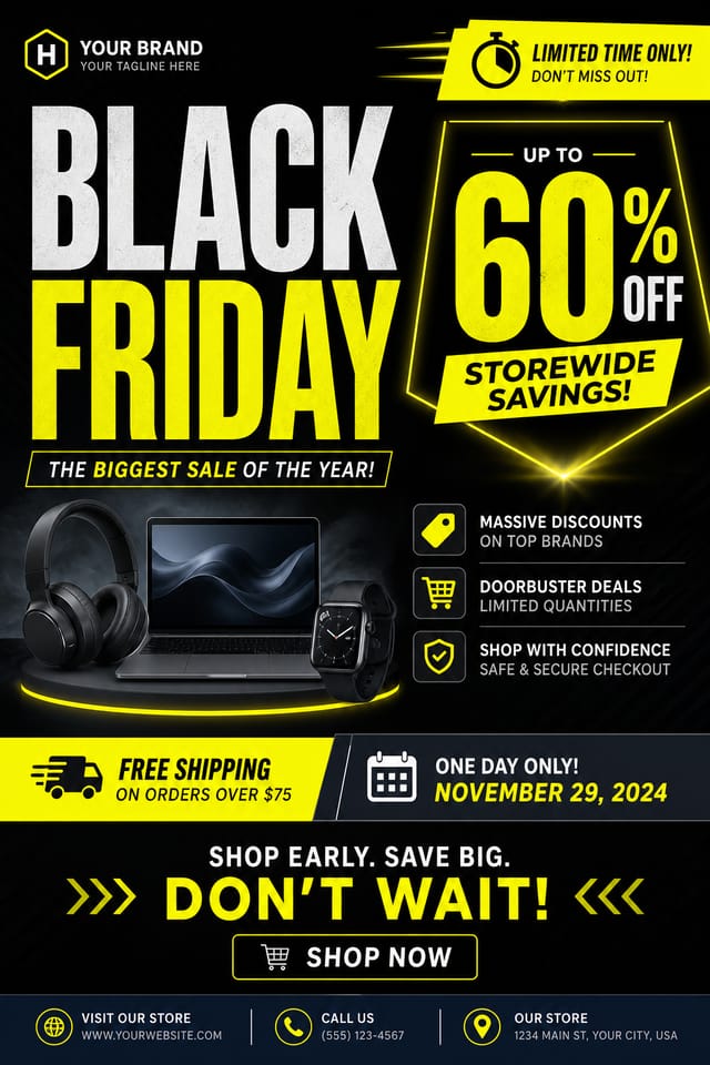 Black Friday Flyer — corporate style flyer, featuring bold black background, neon yellow accents, sale imagery, urgency typography