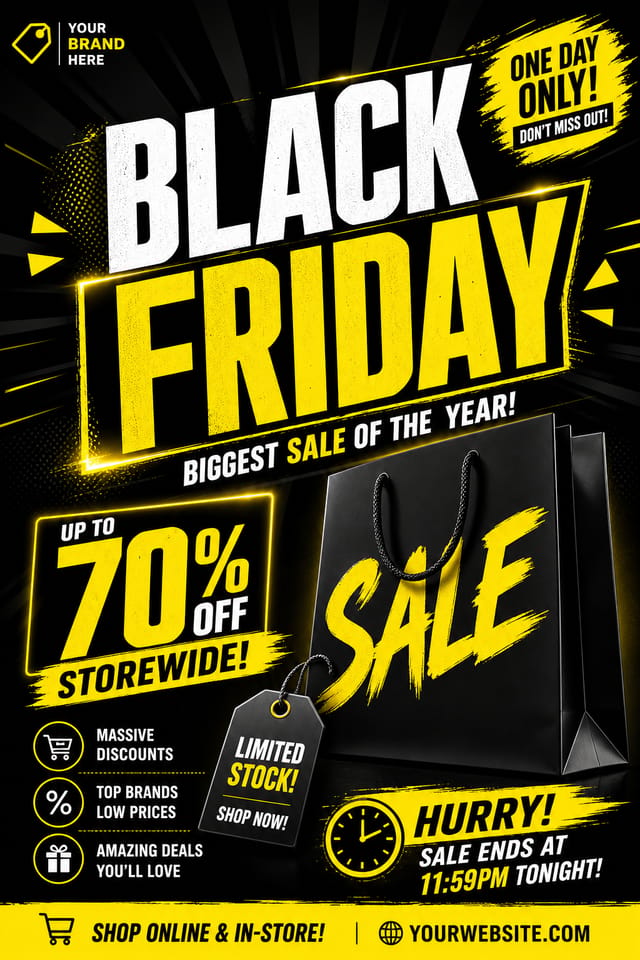 Black Friday Flyer — vibrant style flyer, featuring bold black background, neon yellow accents, sale imagery, urgency typography