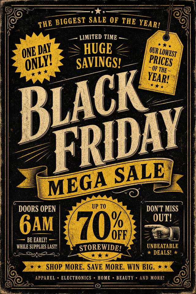 Black Friday Flyer — vintage style flyer, featuring bold black background, neon yellow accents, sale imagery, urgency typography