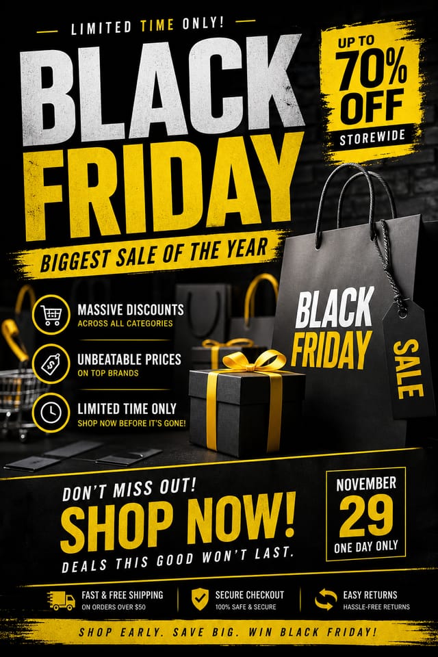 Black Friday Flyer — photo-realistic style flyer, featuring bold black background, neon yellow accents, sale imagery, urgency typography