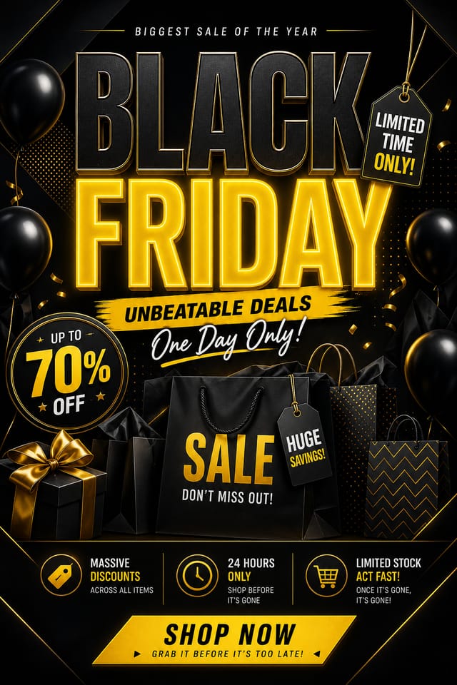 Black Friday Flyer — elegant style flyer, featuring bold black background, neon yellow accents, sale imagery, urgency typography