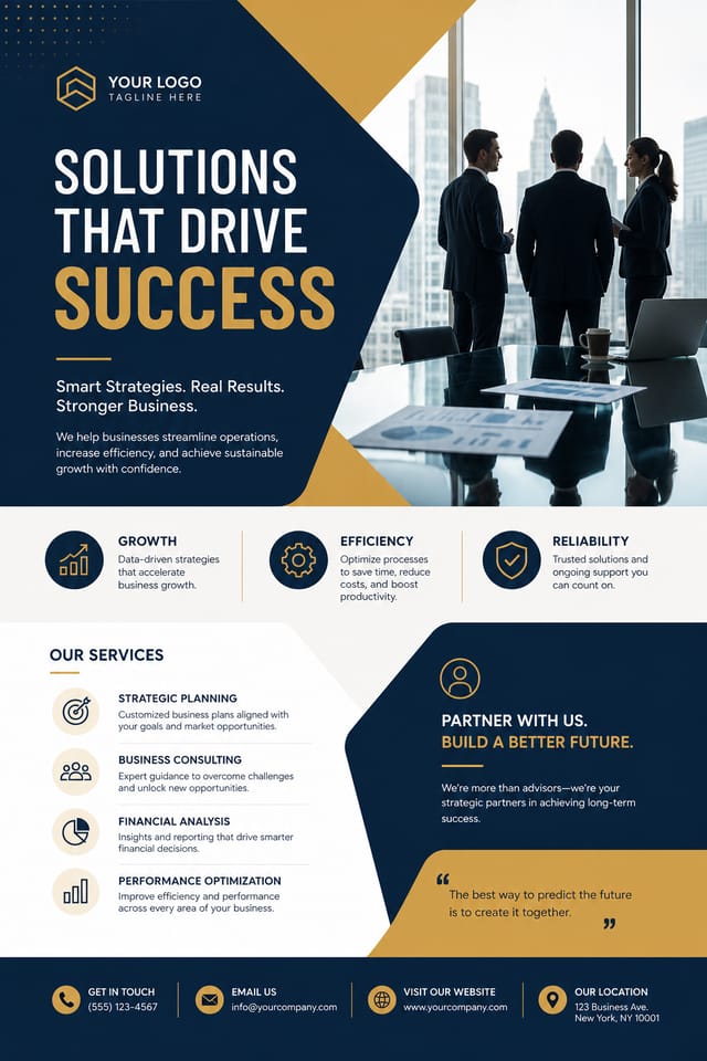 Business Flyer — modern style flyer, featuring professional office imagery, suit silhouettes, navy and gold palette