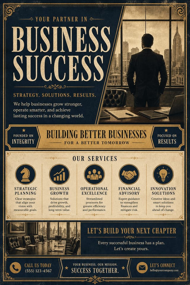 Business Flyer — vintage style flyer, featuring professional office imagery, suit silhouettes, navy and gold palette