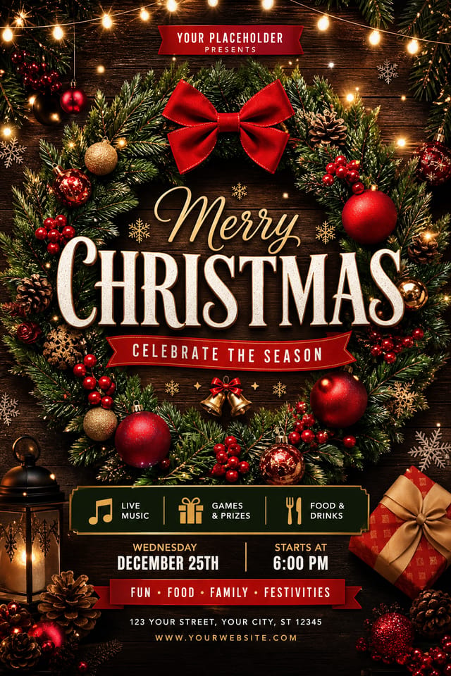 Christmas Flyer — photo-realistic style flyer, featuring pine wreaths, ornaments, red and green palette, snowflakes, festive lights