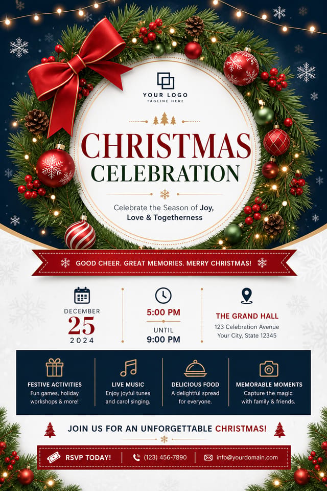 Christmas Flyer — corporate style flyer, featuring pine wreaths, ornaments, red and green palette, snowflakes, festive lights