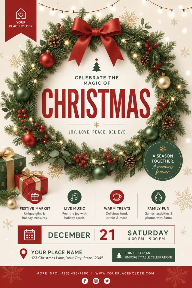 Christmas Flyer — modern style flyer, featuring pine wreaths, ornaments, red and green palette, snowflakes, festive lights