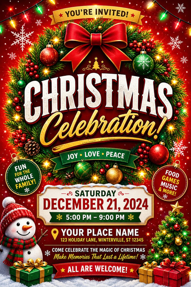 Christmas Flyer — vibrant style flyer, featuring pine wreaths, ornaments, red and green palette, snowflakes, festive lights