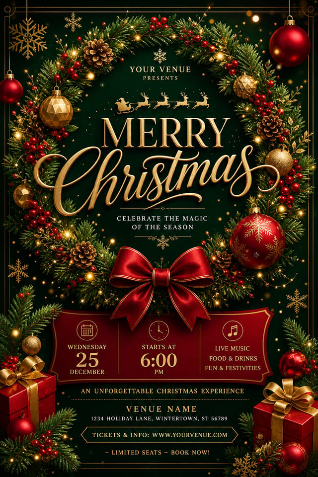 Christmas Flyer — elegant style flyer, featuring pine wreaths, ornaments, red and green palette, snowflakes, festive lights