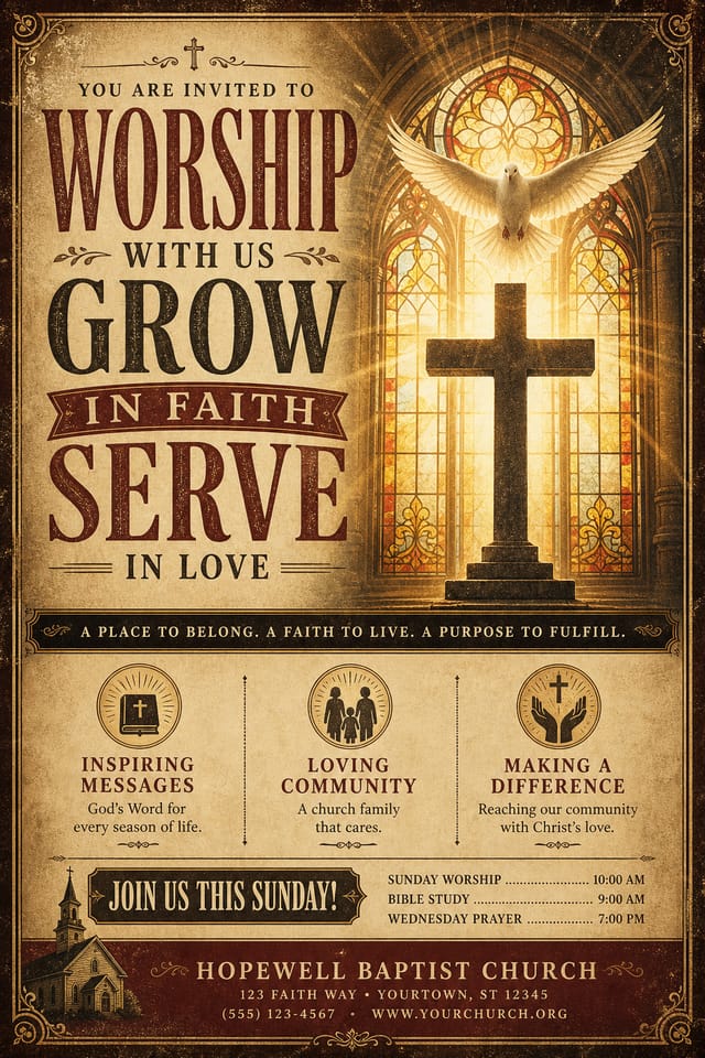 Church Flyer — vintage style flyer, featuring cross, stained glass, dove, warm divine palette