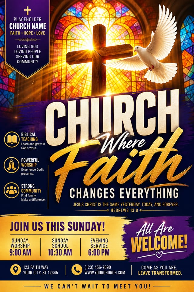 Church Flyer — vibrant style flyer, featuring cross, stained glass, dove, warm divine palette