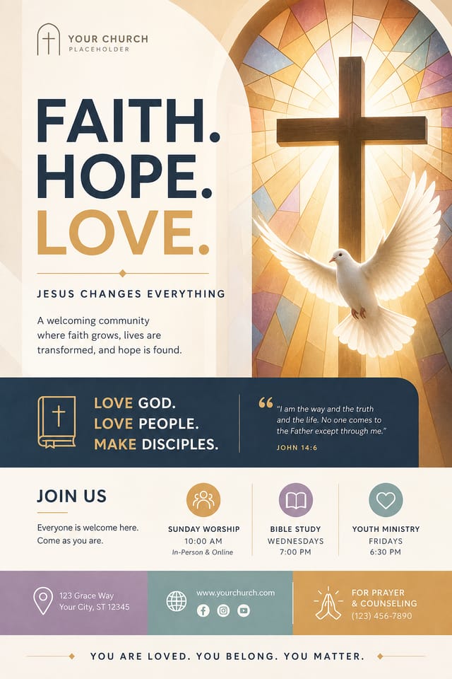 Church Flyer — modern style flyer, featuring cross, stained glass, dove, warm divine palette