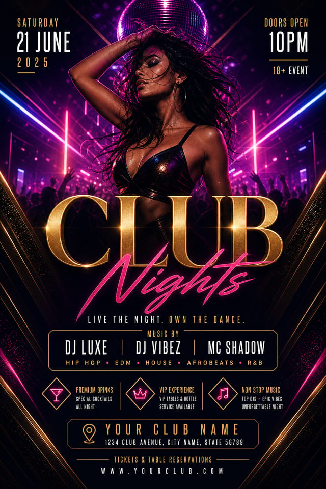 Club Flyer — elegant style flyer, featuring neon lights, dance imagery, dark background with bright accents