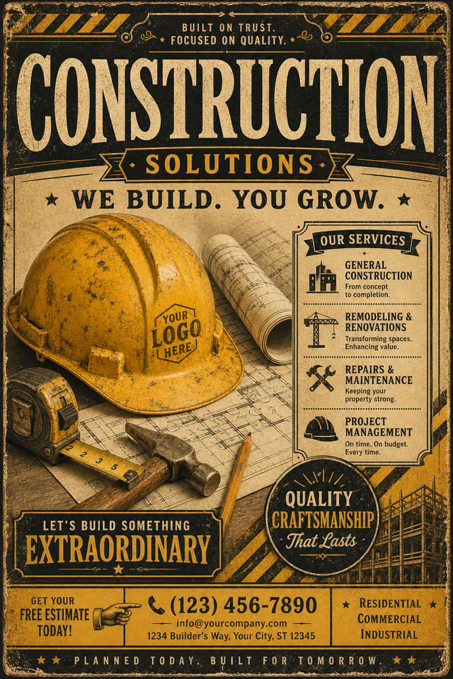 Construction Flyer — vintage style flyer, featuring hard hat, blueprints, construction tools, yellow and black safety palette