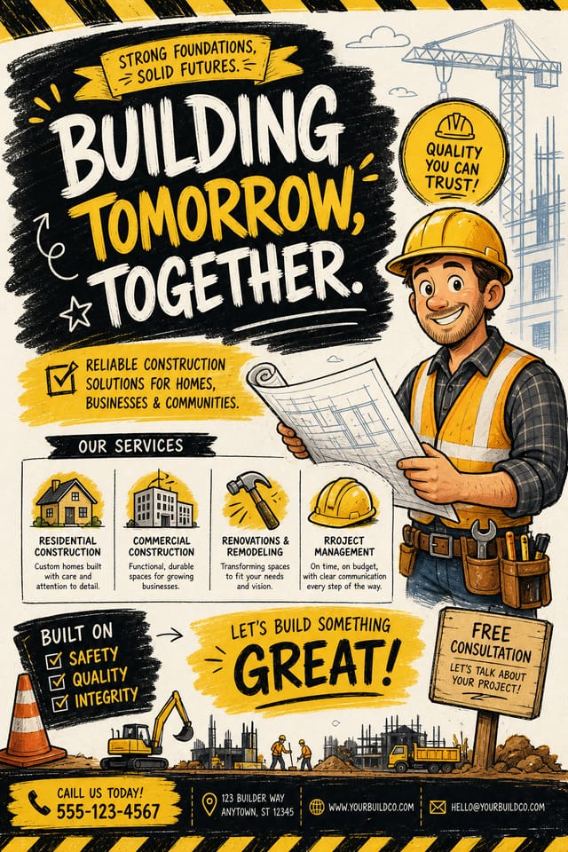 Construction Flyer — illustration style flyer, featuring hard hat, blueprints, construction tools, yellow and black safety palette