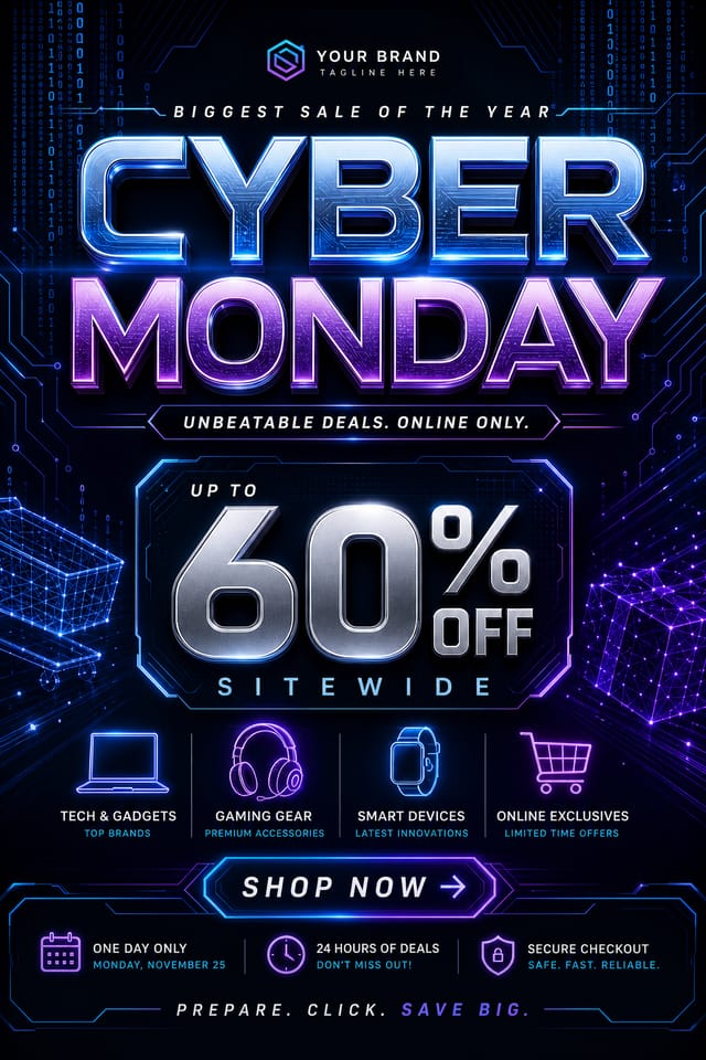 Cyber Monday Flyer — elegant style flyer, featuring digital tech imagery, neon blue/purple, code patterns, bold sale typography