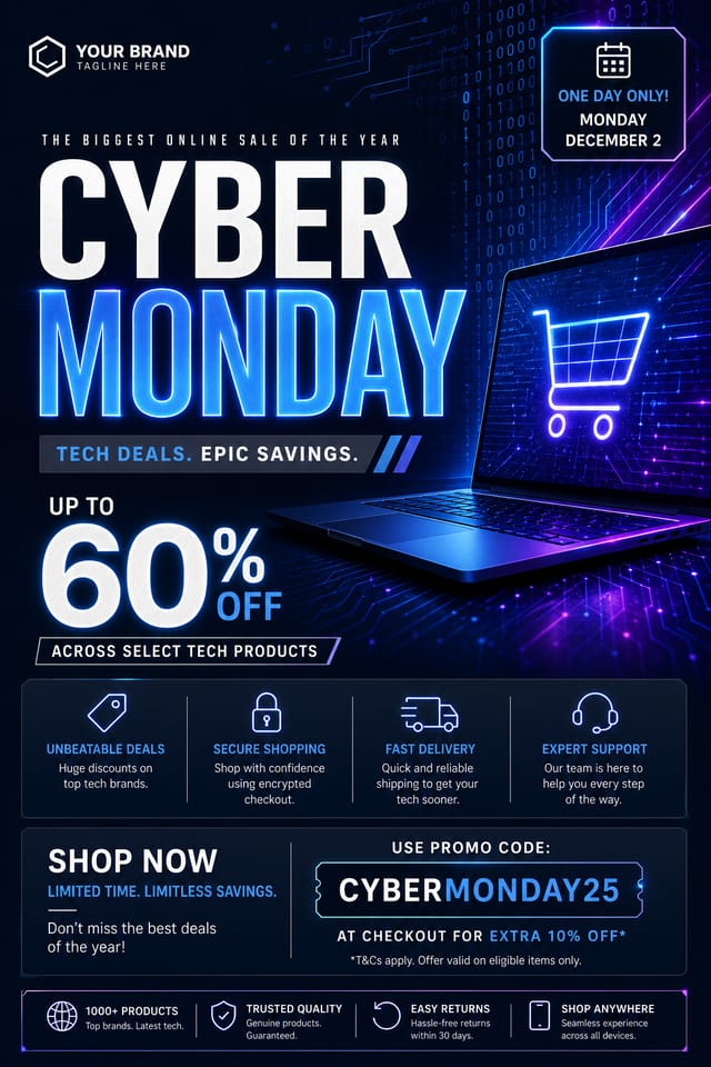 Cyber Monday Flyer — corporate style flyer, featuring digital tech imagery, neon blue/purple, code patterns, bold sale typography