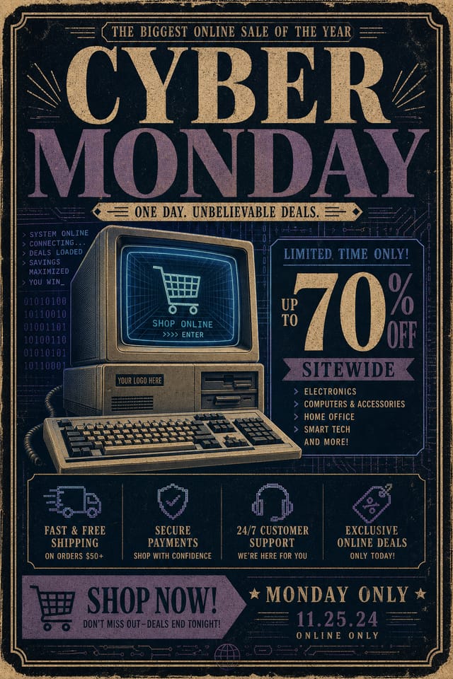 Cyber Monday Flyer — vintage style flyer, featuring digital tech imagery, neon blue/purple, code patterns, bold sale typography
