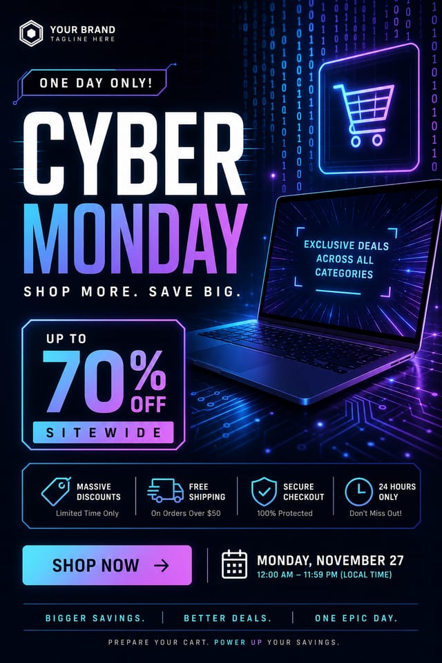 Cyber Monday Flyer — modern style flyer, featuring digital tech imagery, neon blue/purple, code patterns, bold sale typography