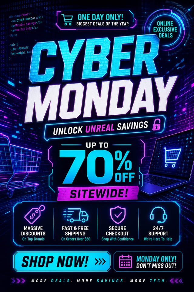 Cyber Monday Flyer — vibrant style flyer, featuring digital tech imagery, neon blue/purple, code patterns, bold sale typography