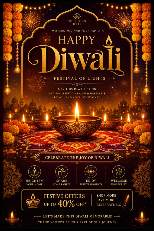 Diwali Flyer — elegant style flyer, featuring glowing diya lamps, marigold flowers, rangoli patterns, golden-orange palette, fireworks