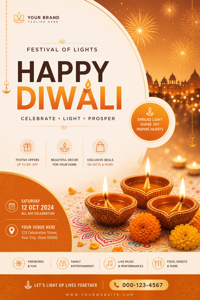 Diwali Flyer — modern style flyer, featuring glowing diya lamps, marigold flowers, rangoli patterns, golden-orange palette, fireworks