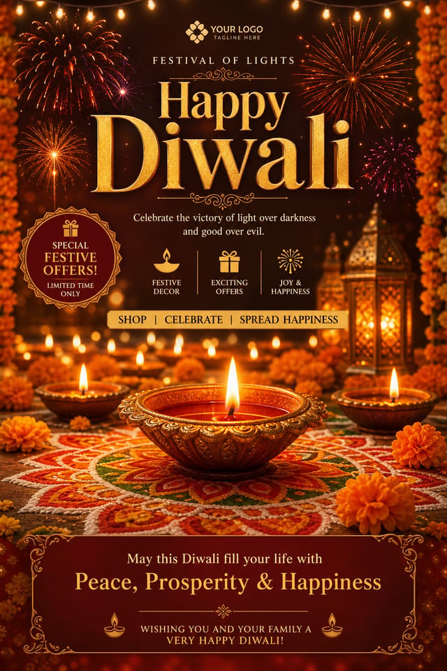 Diwali Flyer — photo-realistic style flyer, featuring glowing diya lamps, marigold flowers, rangoli patterns, golden-orange palette, fireworks