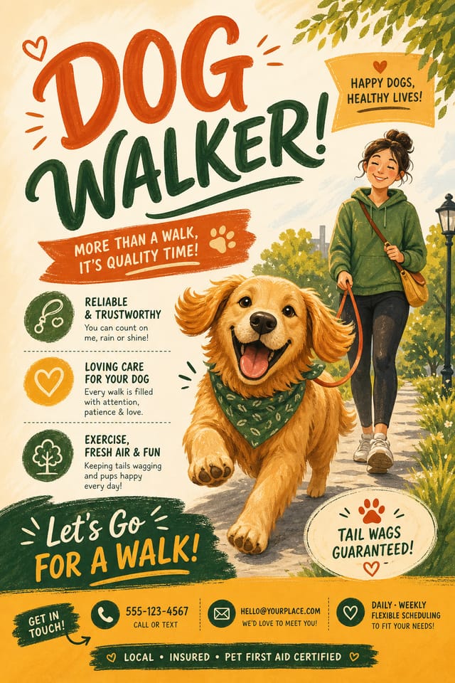 Dog Walker Flyer — illustration style flyer, featuring friendly dog illustration, playful pose, warm palette