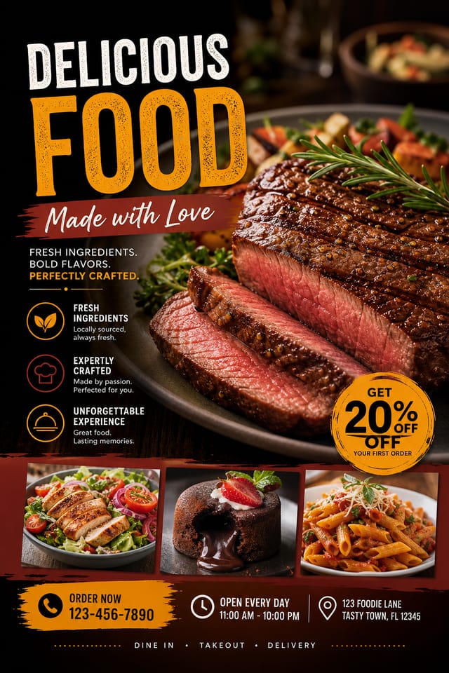Food Flyer — photo-realistic style flyer, featuring gourmet dish photography, fresh ingredients, warm appetizing tones