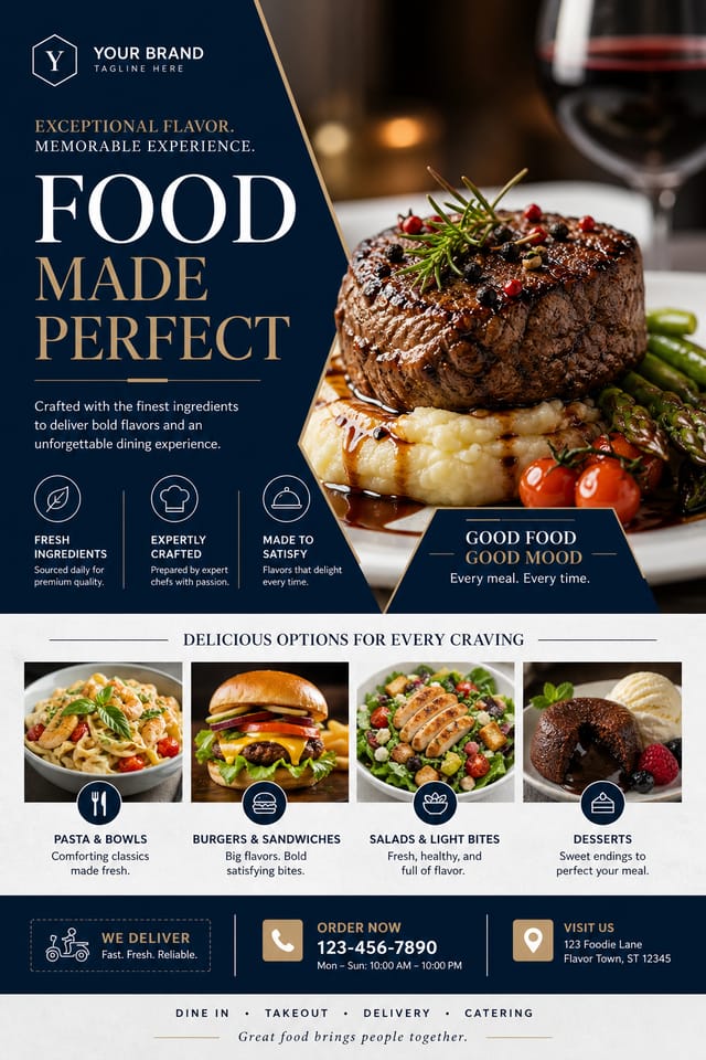 Food Flyer — corporate style flyer, featuring gourmet dish photography, fresh ingredients, warm appetizing tones