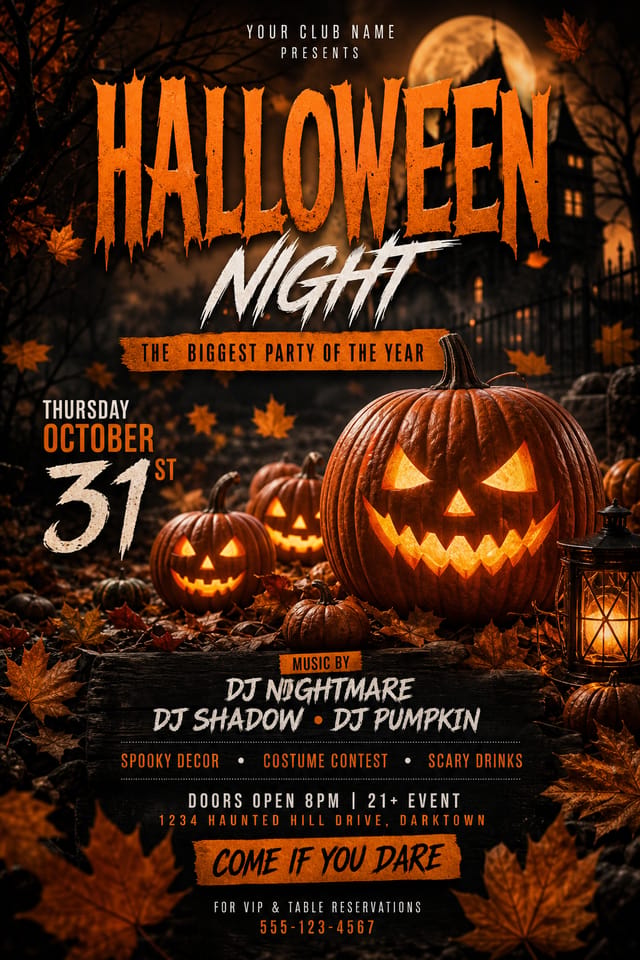 Halloween Flyer — photo-realistic style flyer, featuring pumpkins, autumn leaves, orange and black palette, spooky silhouettes