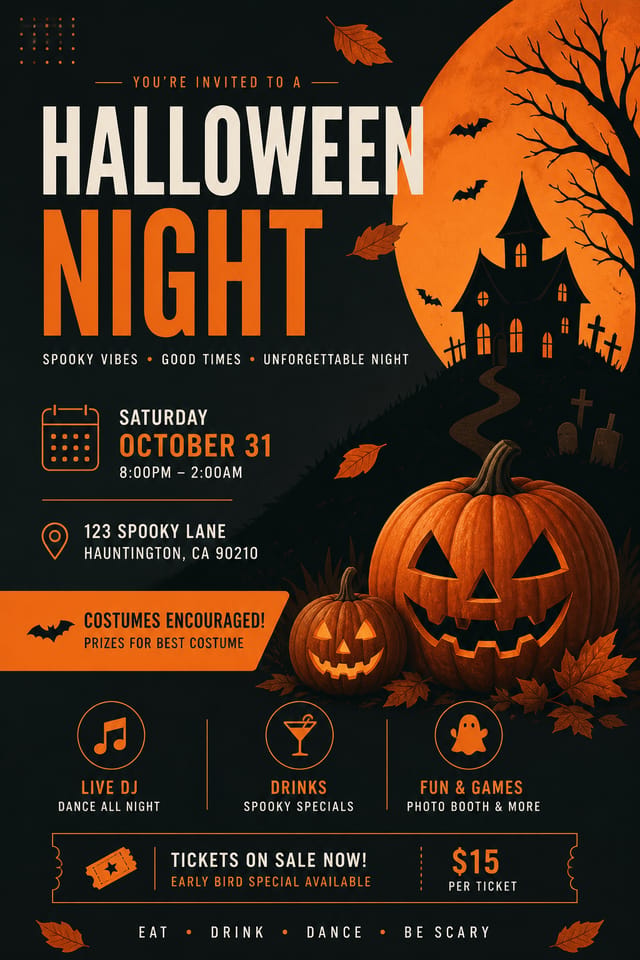Halloween Flyer — modern style flyer, featuring pumpkins, autumn leaves, orange and black palette, spooky silhouettes