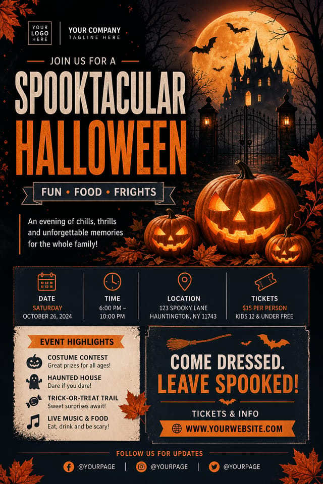 Halloween Flyer — corporate style flyer, featuring pumpkins, autumn leaves, orange and black palette, spooky silhouettes