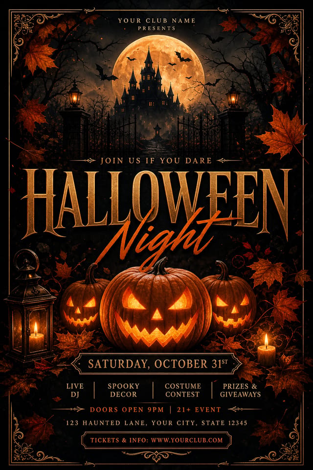 Halloween Flyer — elegant style flyer, featuring pumpkins, autumn leaves, orange and black palette, spooky silhouettes