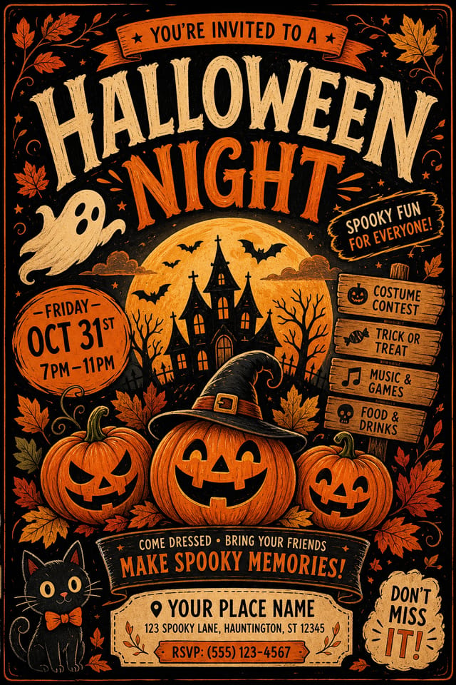 Halloween Flyer — illustration style flyer, featuring pumpkins, autumn leaves, orange and black palette, spooky silhouettes