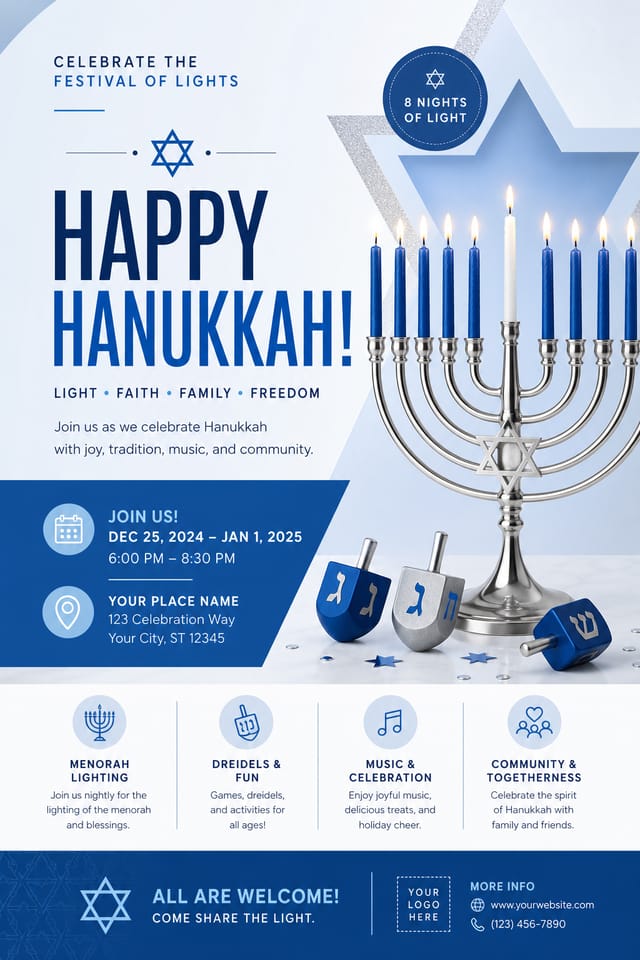 Hanukkah Flyer — modern style flyer, featuring menorah candles, Star of David, blue and silver palette, dreidels